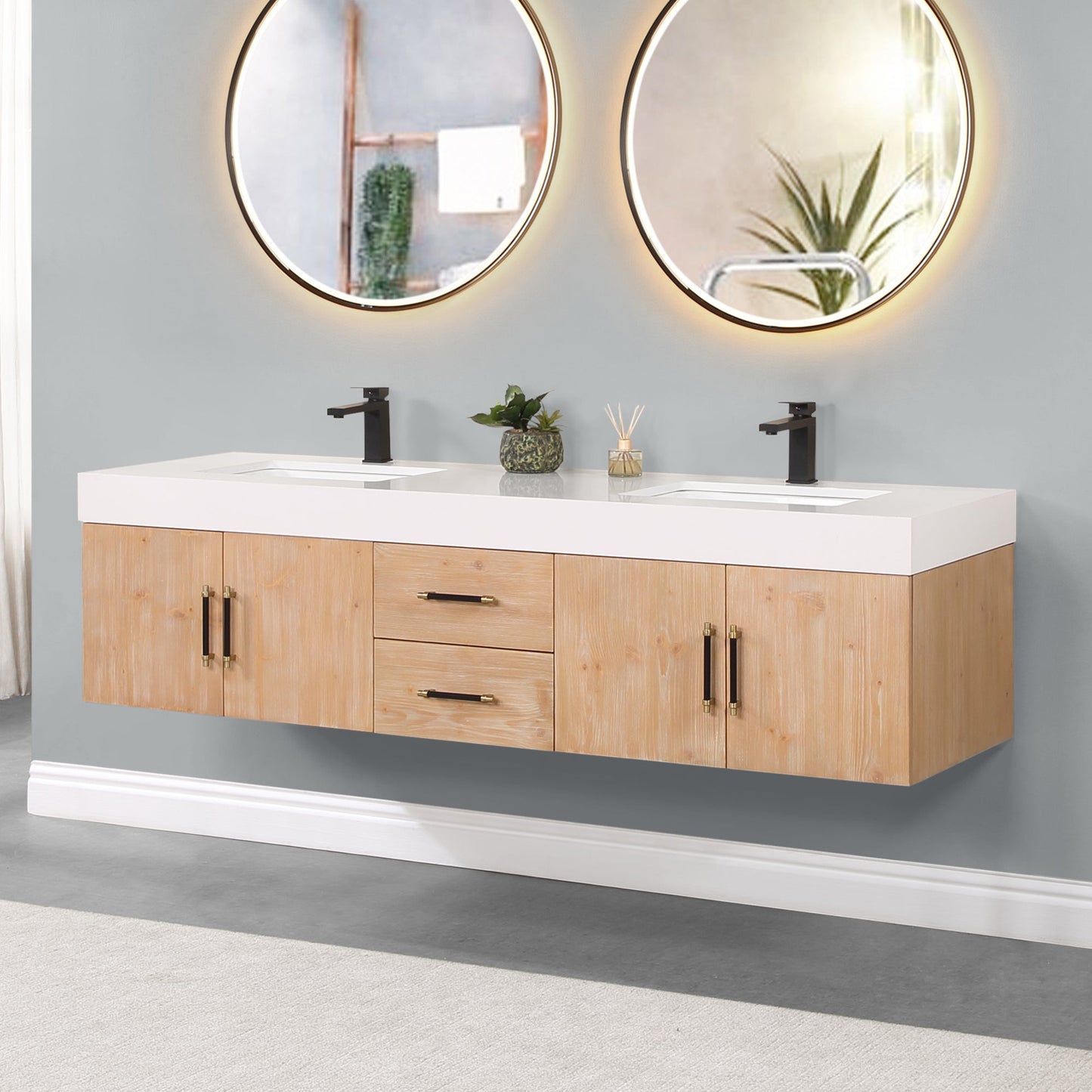 Corchia 72" Wall-mounted Double Bathroom Vanity in Light Brown with White Composite Stone Countertop without Mirror