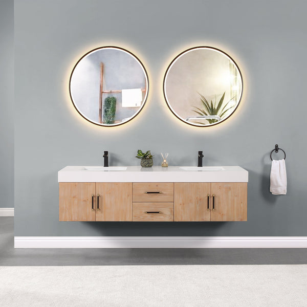 Corchia 72 Wall-mounted Double Bathroom Vanity in Light Brown with White Composite Stone Countertop with Mirror