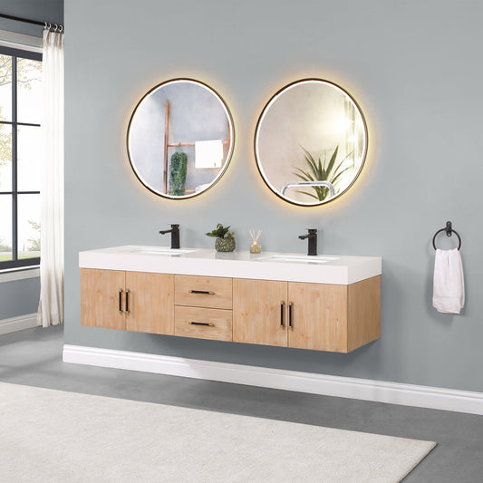 Corchia 72" Wall-mounted Double Bathroom Vanity in Light Brown with White Composite Stone Countertop with Mirror