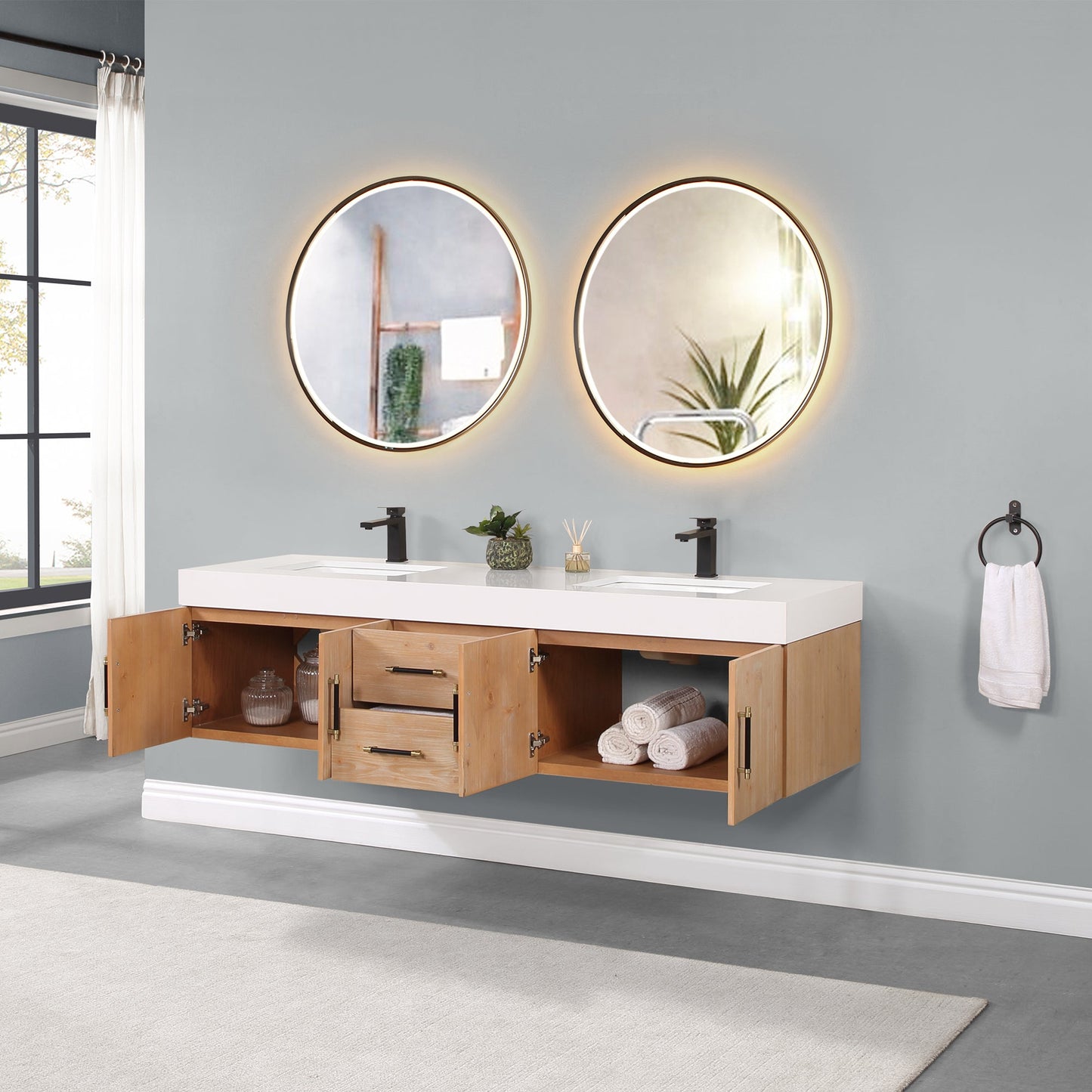 Corchia 72" Wall-mounted Double Bathroom Vanity in Light Brown with White Composite Stone Countertop with Mirror