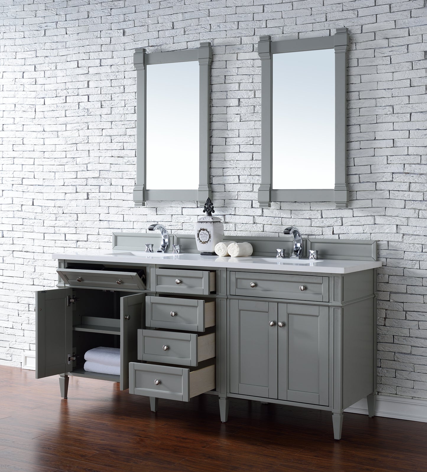 Brittany 72" Double Vanity, Urban Gray w/ 3 CM White Zeus Quartz Top