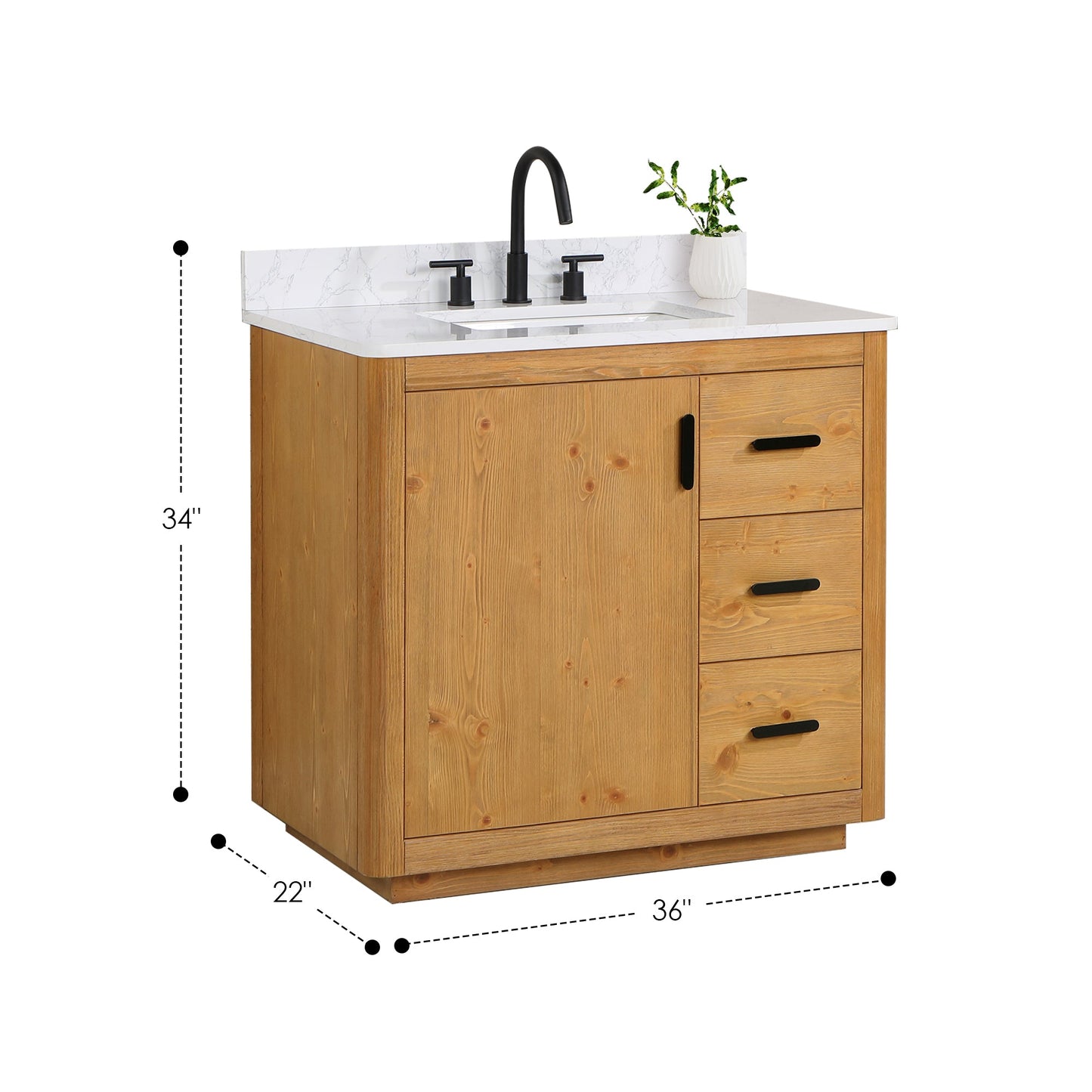 Perla 36" Single Bathroom Vanity in Natural Wood with Grain White Composite Stone Countertop with Mirror