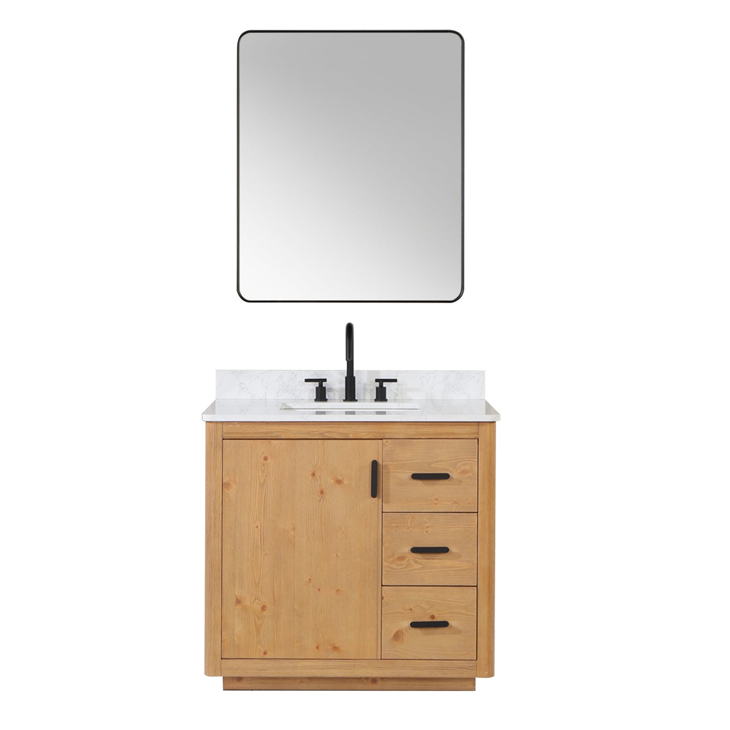 Perla 36" Single Bathroom Vanity in Natural Wood with Grain White Composite Stone Countertop with Mirror