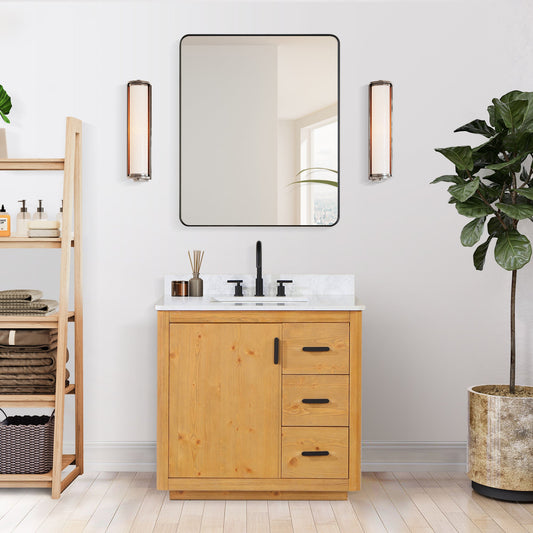 Perla 36" Single Bathroom Vanity in Natural Wood with Grain White Composite Stone Countertop with Mirror