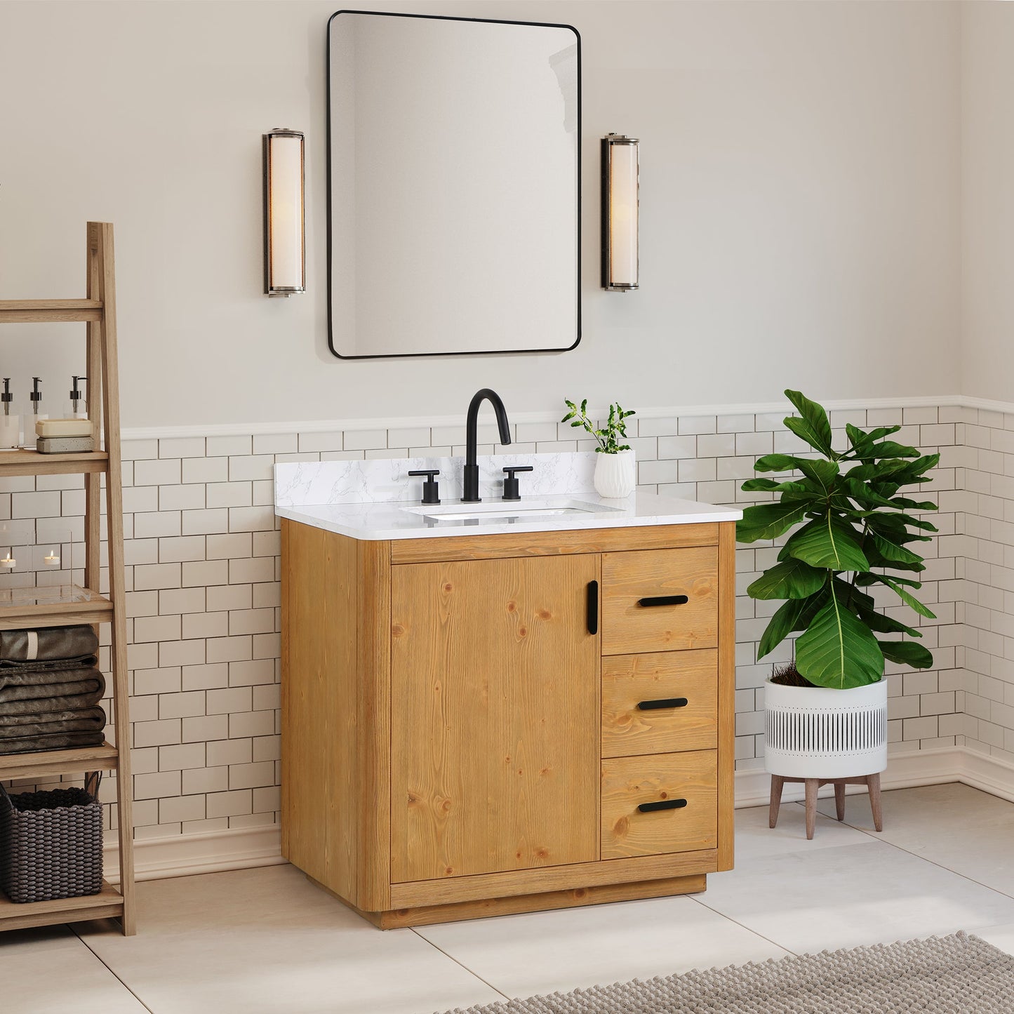 Perla 36" Single Bathroom Vanity in Natural Wood with Grain White Composite Stone Countertop with Mirror