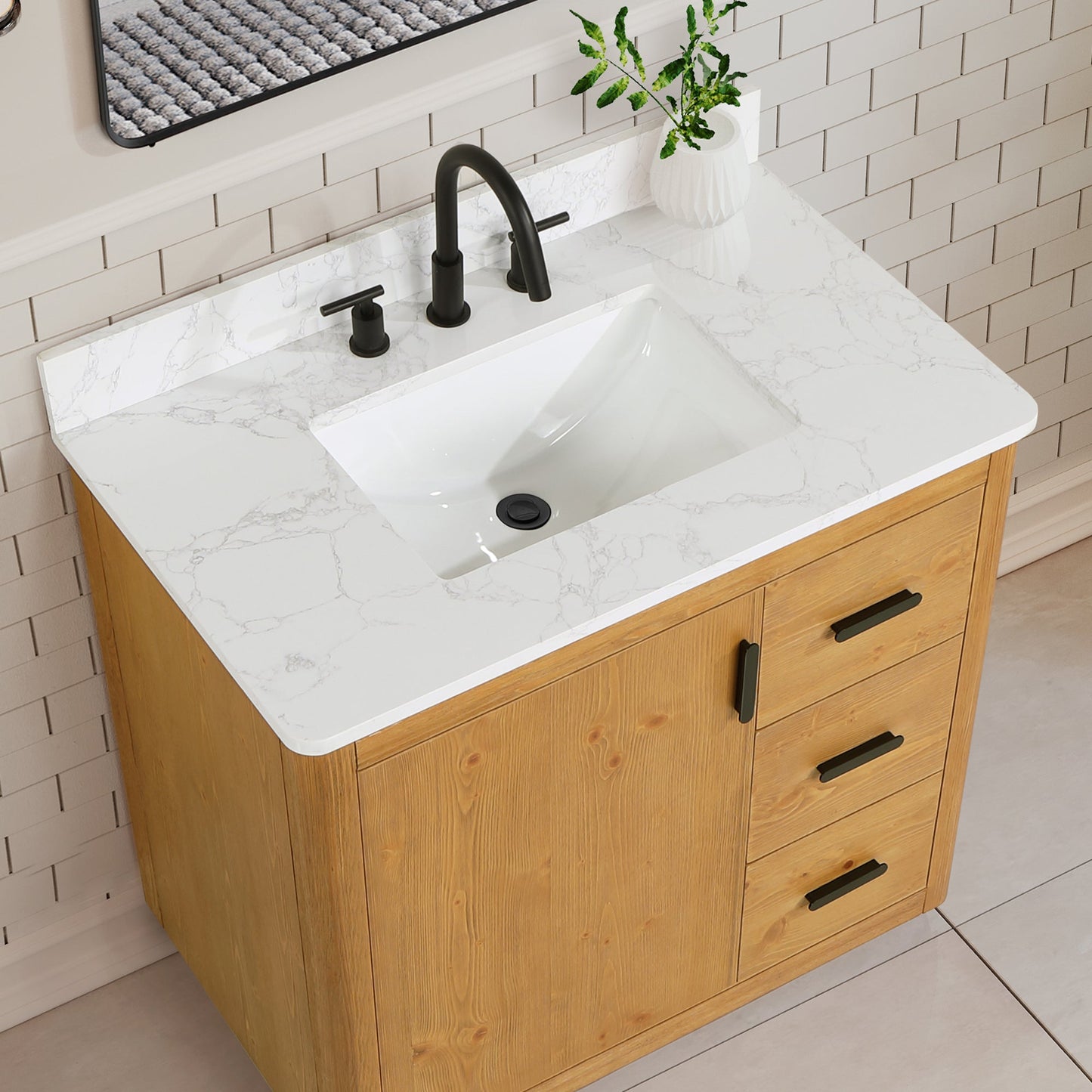 Perla 36" Single Bathroom Vanity in Natural Wood with Grain White Composite Stone Countertop with Mirror