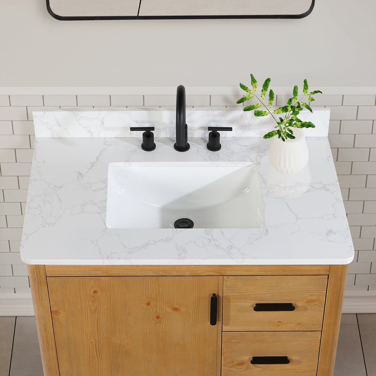 Perla 36" Single Bathroom Vanity in Natural Wood with Grain White Composite Stone Countertop with Mirror