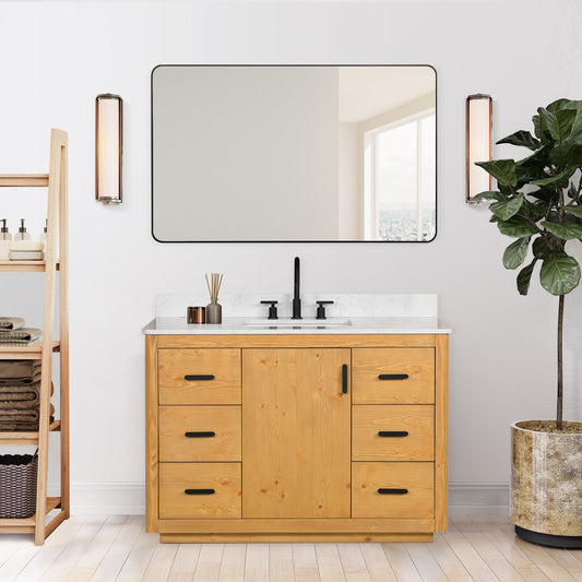 Perla 48" Single Bathroom Vanity in Natural Wood with Grain White Composite Stone Countertop without Mirror