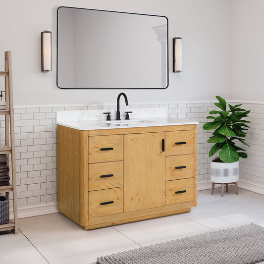 Perla 48" Single Bathroom Vanity in Natural Wood with Grain White Composite Stone Countertop without Mirror