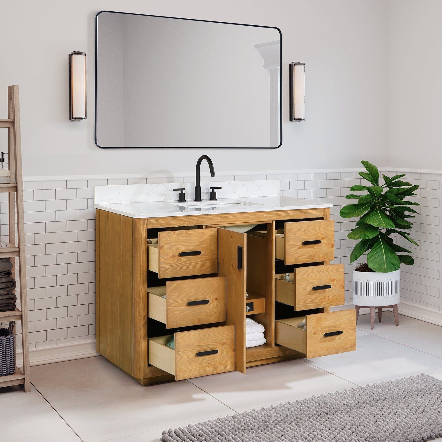 Perla 48" Single Bathroom Vanity in Natural Wood with Grain White Composite Stone Countertop with Mirror