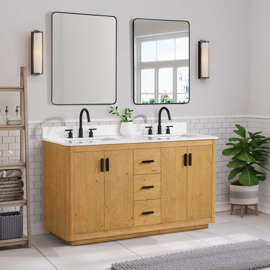 Perla 60" Double Bathroom Vanity in Natural Wood with Grain White Composite Stone Countertop without Mirror