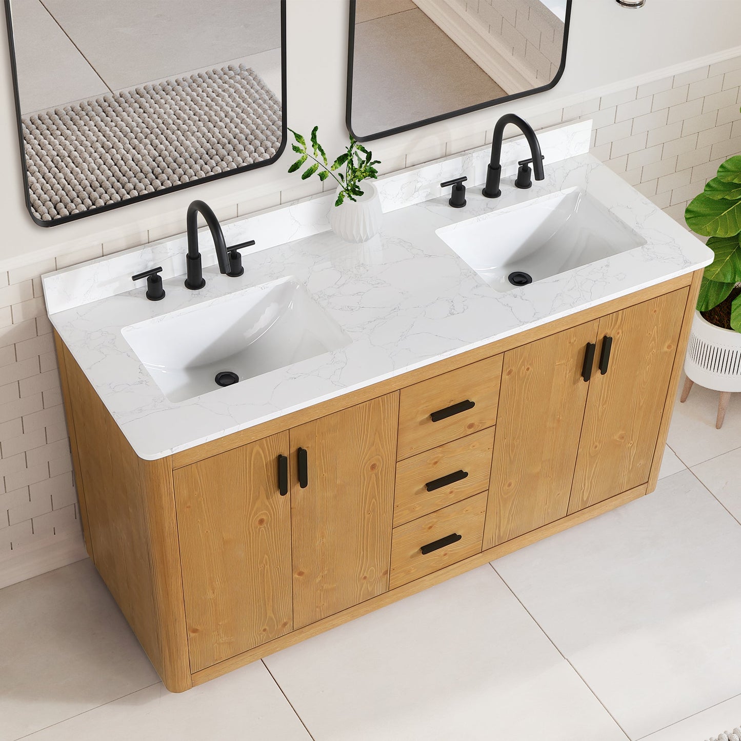Perla 60" Double Bathroom Vanity in Natural Wood with Grain White Composite Stone Countertop without Mirror