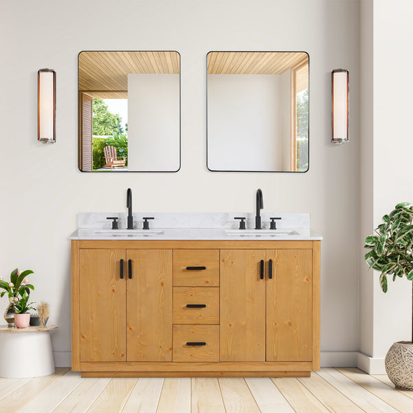 Perla 60 Double Bathroom Vanity in Natural Wood with Grain White Composite Stone Countertop with Mirror