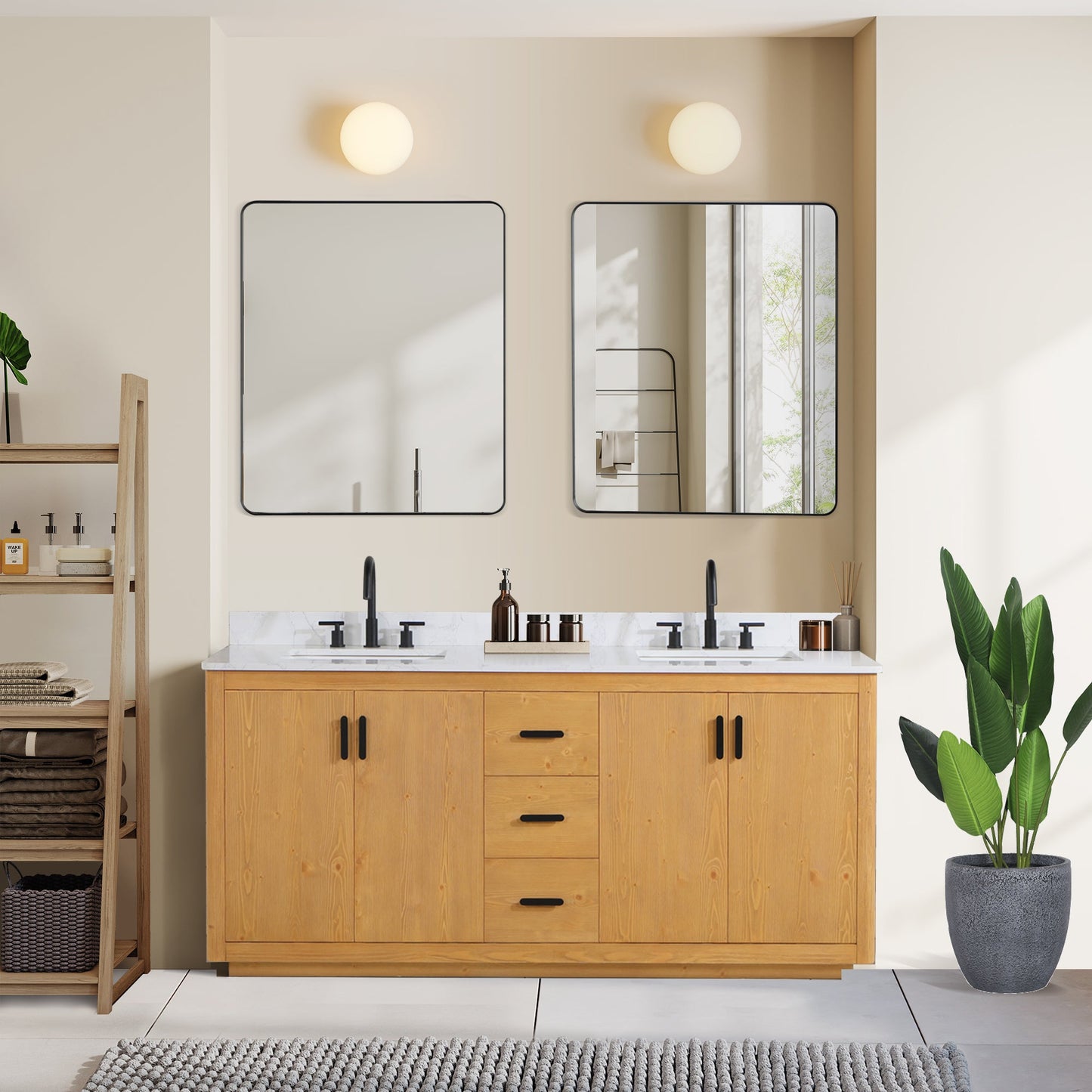 Perla 72" Double Bathroom Vanity in Natural Wood with Grain White Composite Stone Countertop without Mirror