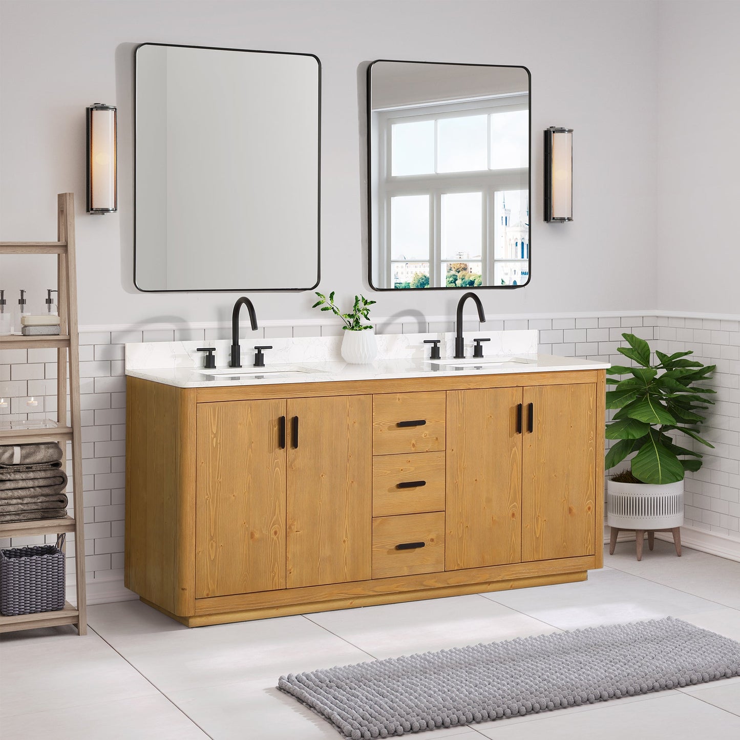 Perla 72" Double Bathroom Vanity in Natural Wood with Grain White Composite Stone Countertop without Mirror