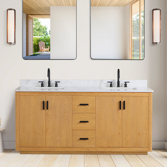 Perla 72" Double Bathroom Vanity in Natural Wood with Grain White Composite Stone Countertop without Mirror