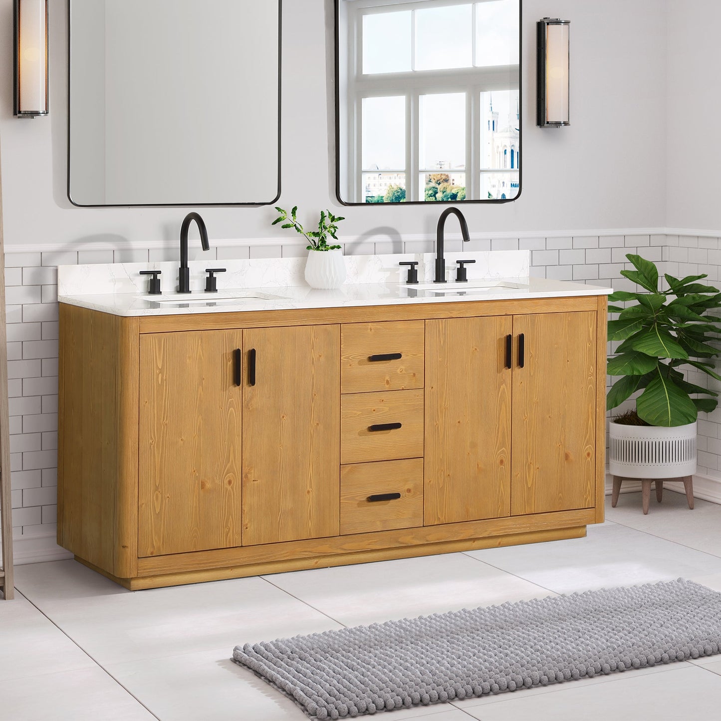 Perla 72" Double Bathroom Vanity in Natural Wood with Grain White Composite Stone Countertop without Mirror