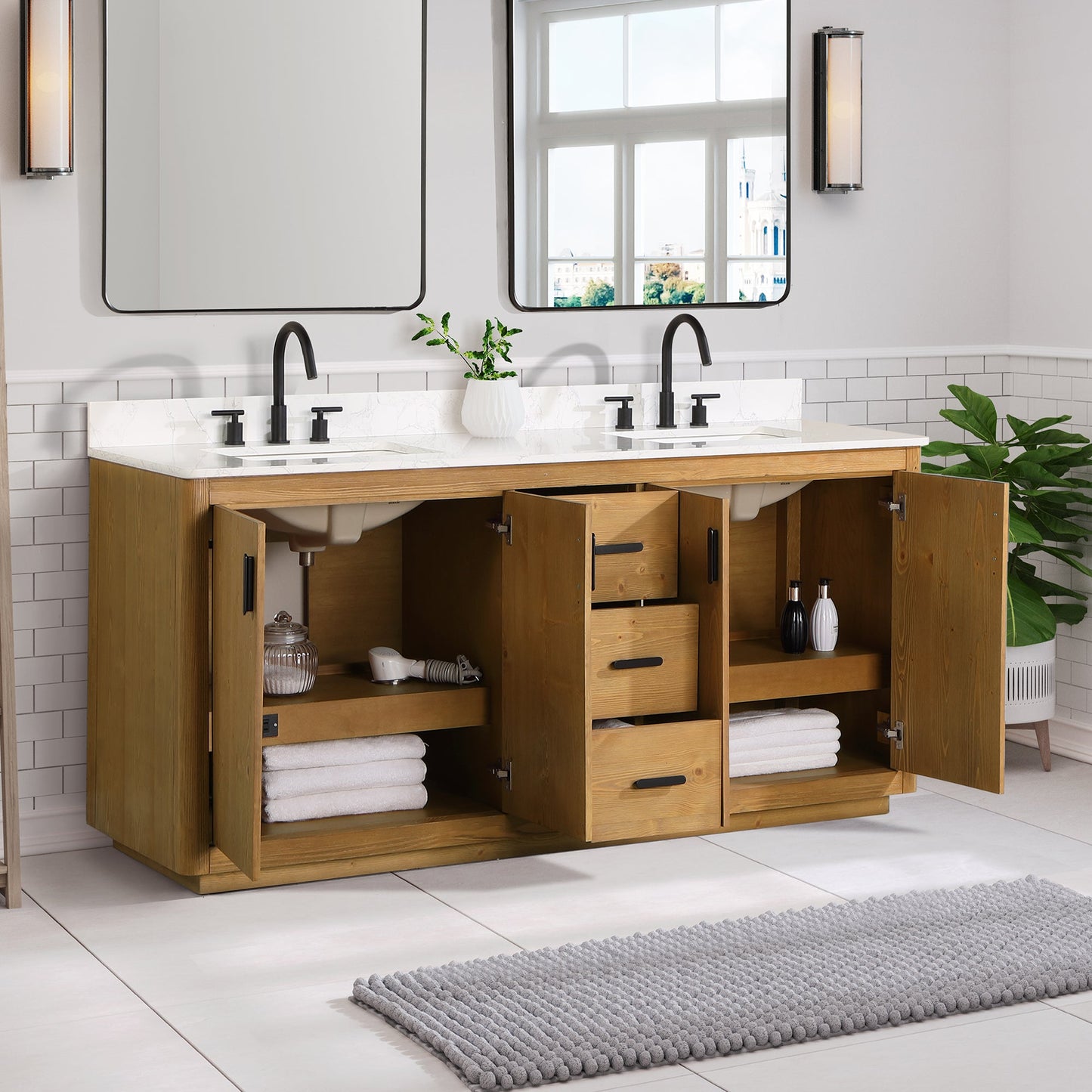 Perla 72" Double Bathroom Vanity in Natural Wood with Grain White Composite Stone Countertop without Mirror