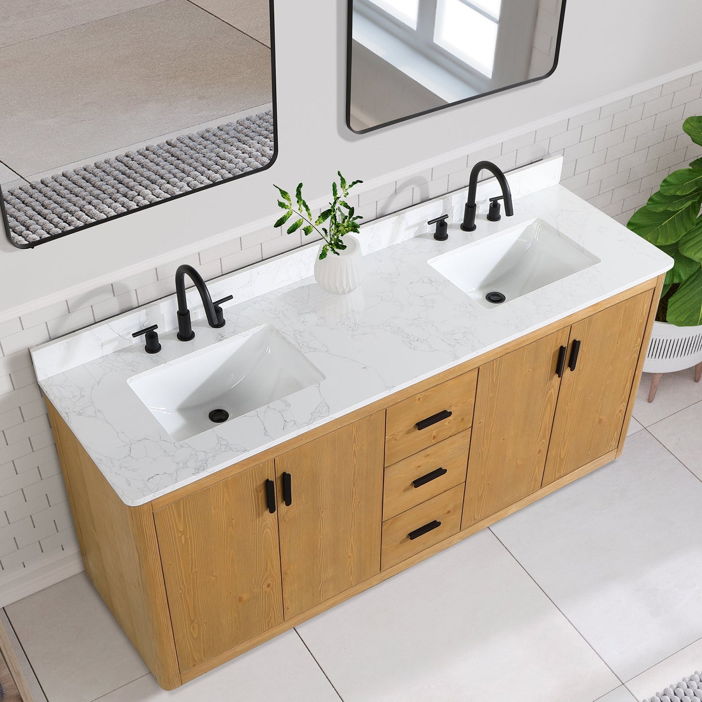 Perla 72" Double Bathroom Vanity in Natural Wood with Grain White Composite Stone Countertop without Mirror