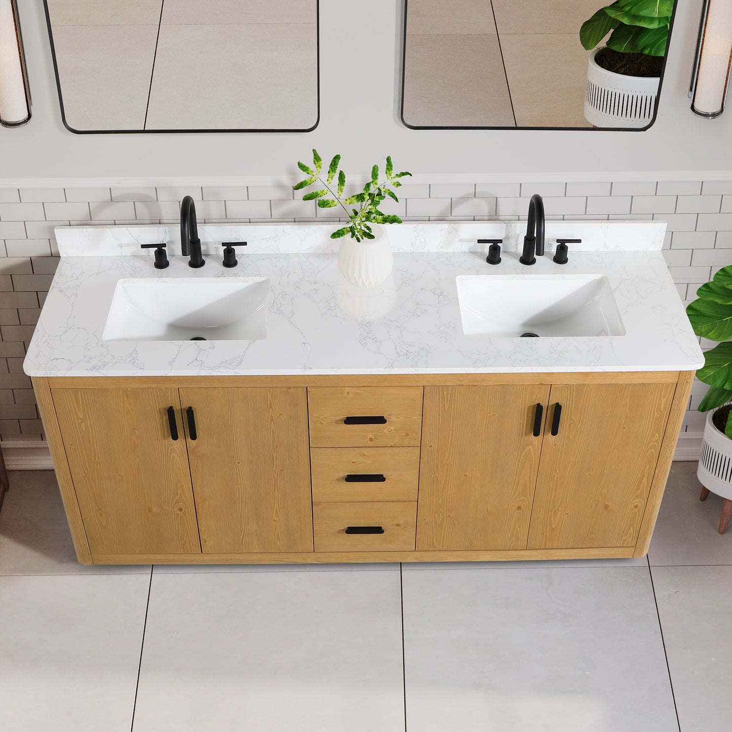 Perla 72" Double Bathroom Vanity in Natural Wood with Grain White Composite Stone Countertop without Mirror