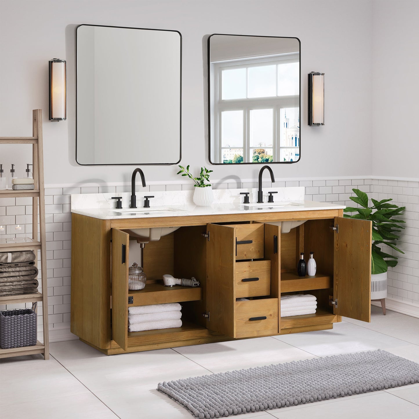 Perla 72" Double Bathroom Vanity in Natural Wood with Grain White Composite Stone Countertop with Mirror