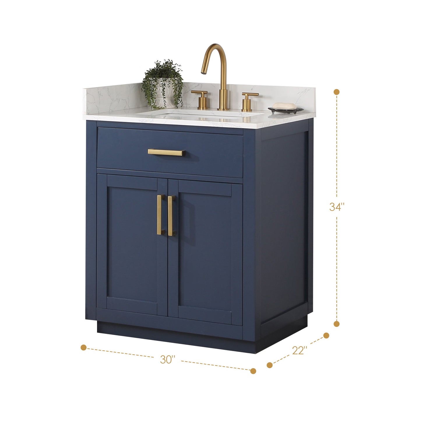 Gavino 30" Single Bathroom Vanity in Royal Blue with Grain White Composite Stone Countertop without Mirror