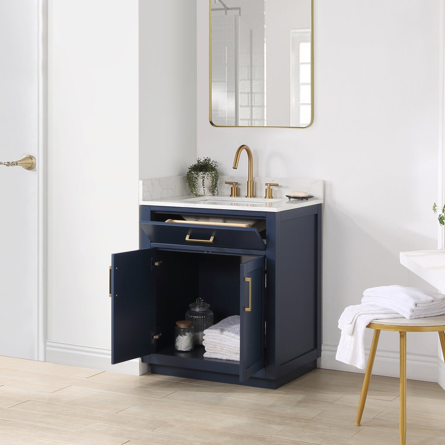 Gavino 30" Single Bathroom Vanity in Royal Blue with Grain White Composite Stone Countertop without Mirror