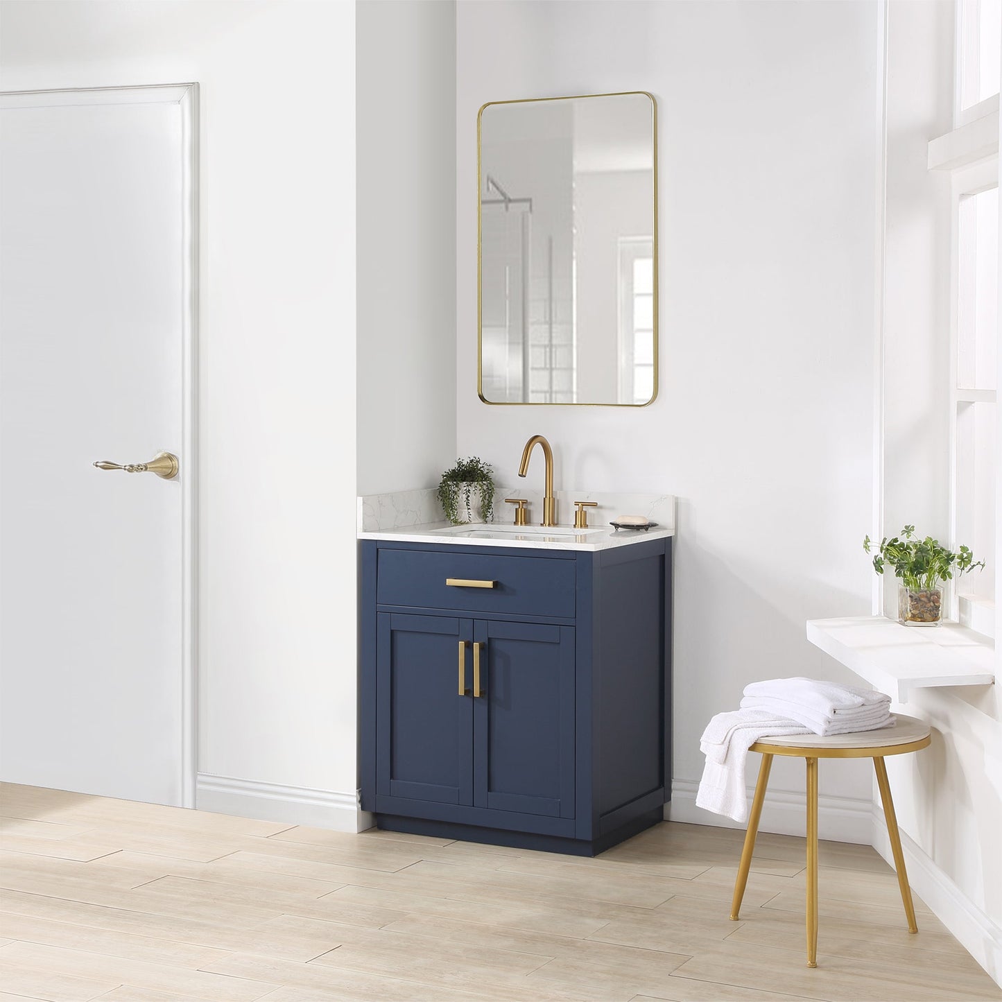 Gavino 30" Single Bathroom Vanity in Royal Blue with Grain White Composite Stone Countertop with Mirror