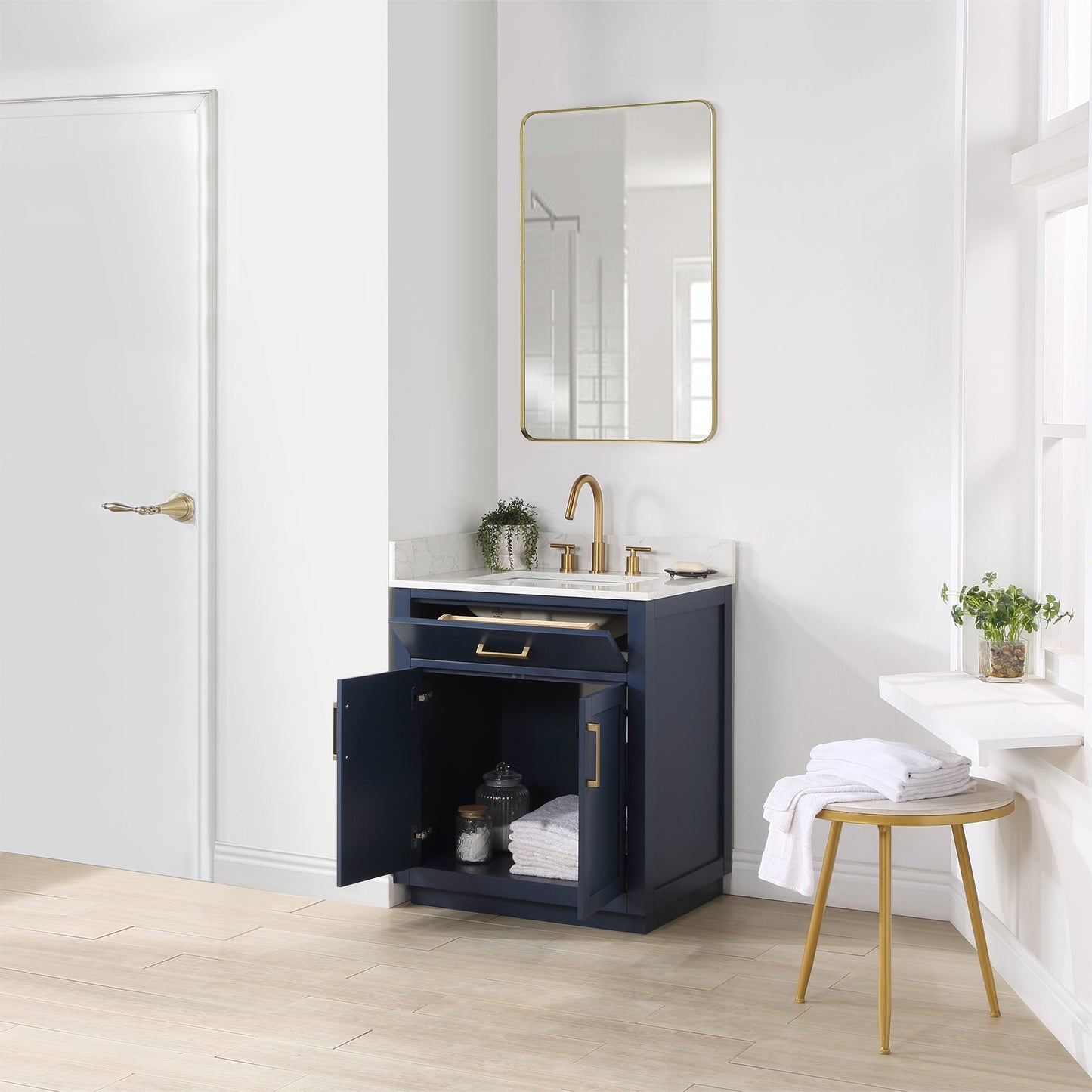 Gavino 30" Single Bathroom Vanity in Royal Blue with Grain White Composite Stone Countertop with Mirror