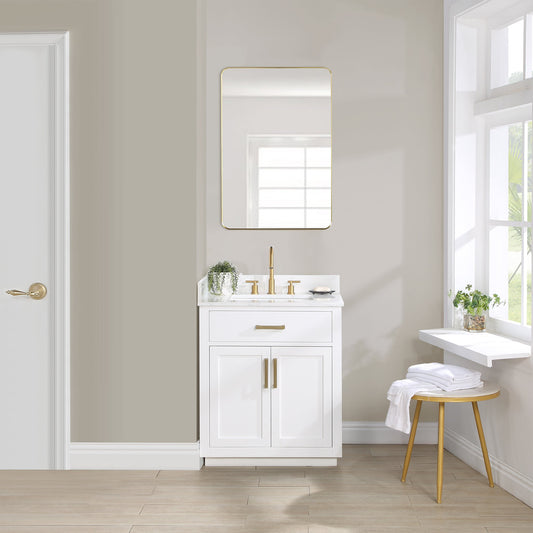 Gavino 30" Single Bathroom Vanity in White with Grain White Composite Stone Countertop without Mirror