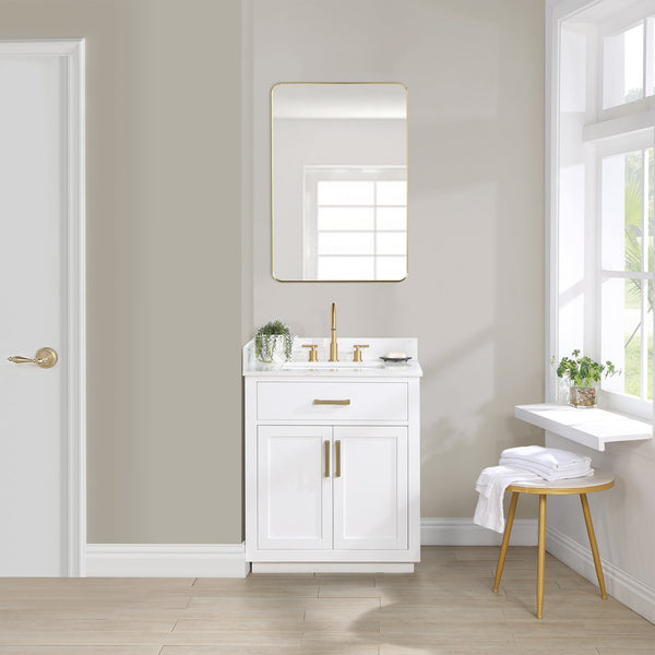 Gavino 30 Single Bathroom Vanity in White with Grain White Composite Stone Countertop without Mirror