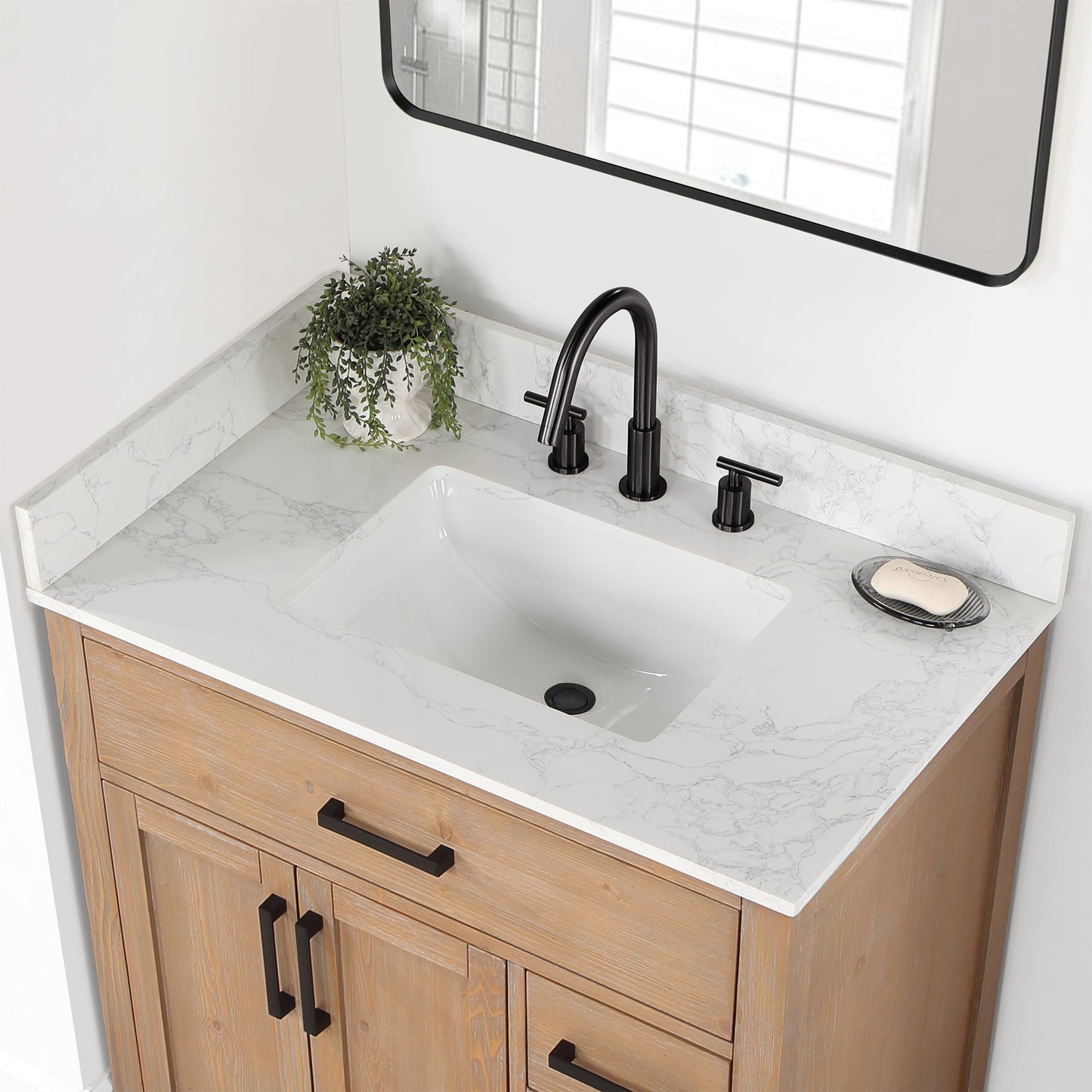 Gavino 36" Single Bathroom Vanity in Light Brown with Grain White Composite Stone Countertop without Mirror