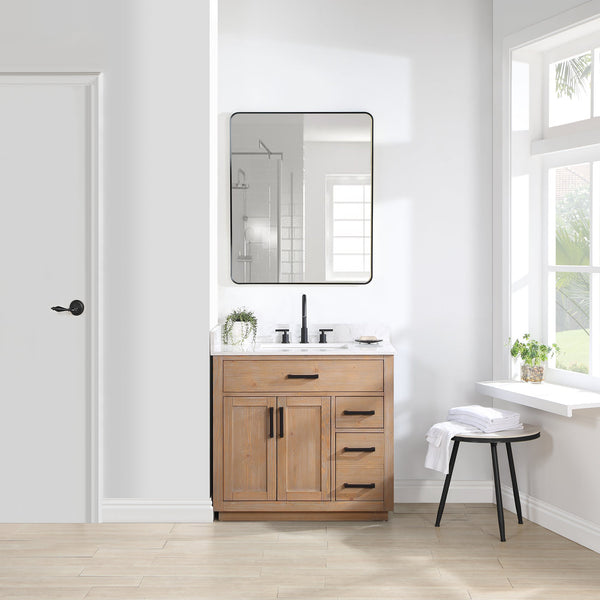Gavino 36 Single Bathroom Vanity in Light Brown with Grain White Composite Stone Countertop with Mirror