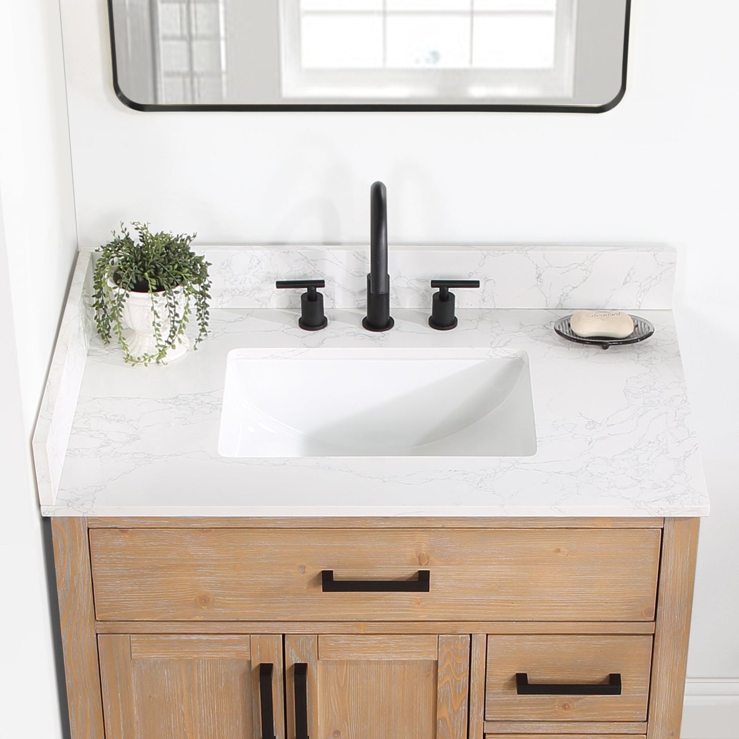Gavino 36" Single Bathroom Vanity in Light Brown with Grain White Composite Stone Countertop with Mirror