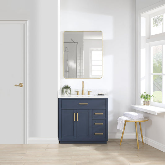 Gavino 36" Single Bathroom Vanity in Royal Blue with Grain White Composite Stone Countertop with Mirror