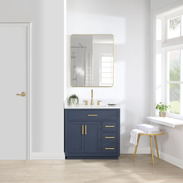 Gavino 36 Single Bathroom Vanity in Royal Blue with Grain White Composite Stone Countertop with Mirror