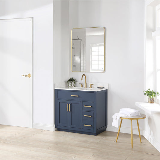 Gavino 36" Single Bathroom Vanity in Royal Blue with Grain White Composite Stone Countertop with Mirror