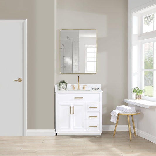 Gavino 36" Single Bathroom Vanity in White with Grain White Composite Stone Countertop without Mirror