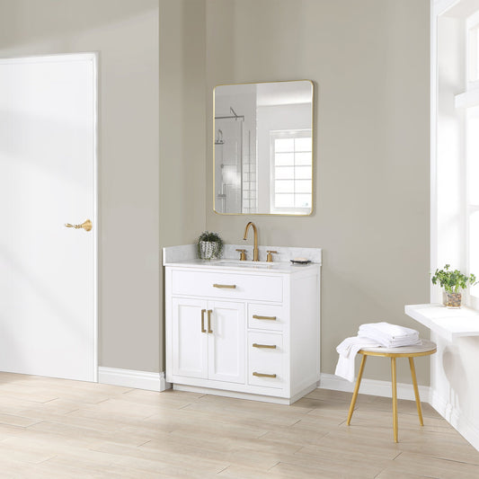 Gavino 36" Single Bathroom Vanity in White with Grain White Composite Stone Countertop without Mirror