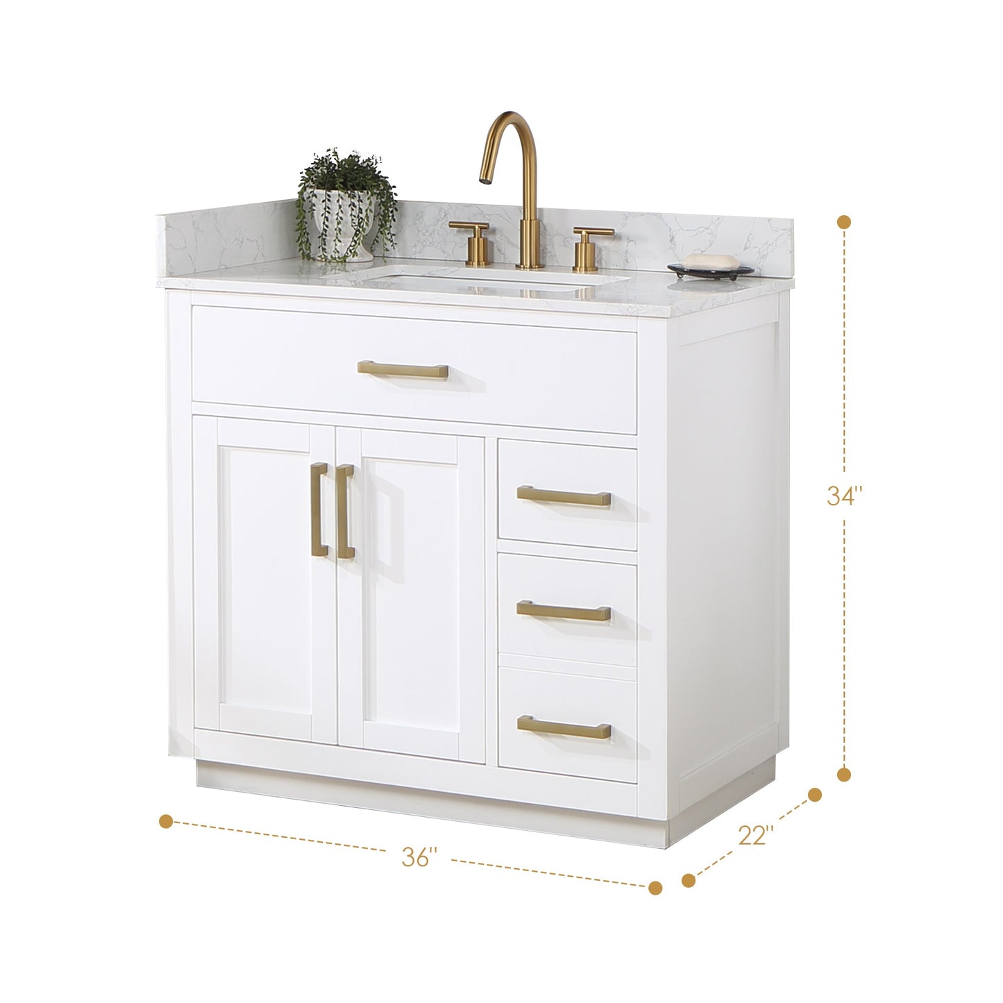 Gavino 36" Single Bathroom Vanity in White with Grain White Composite Stone Countertop without Mirror