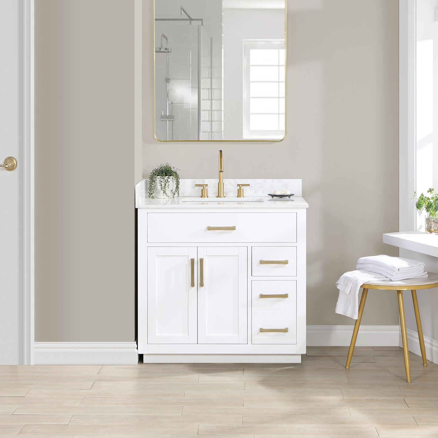 Gavino 36" Single Bathroom Vanity in White with Grain White Composite Stone Countertop without Mirror