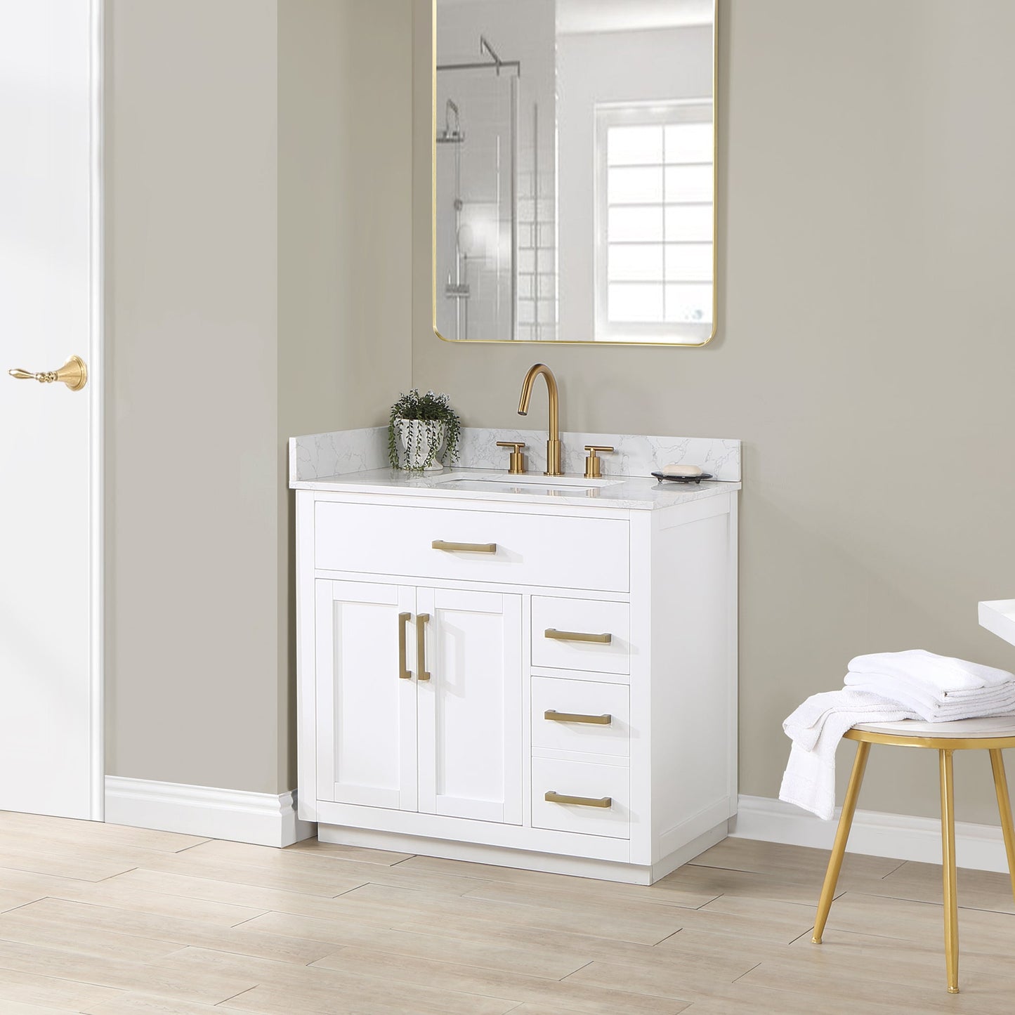 Gavino 36" Single Bathroom Vanity in White with Grain White Composite Stone Countertop without Mirror