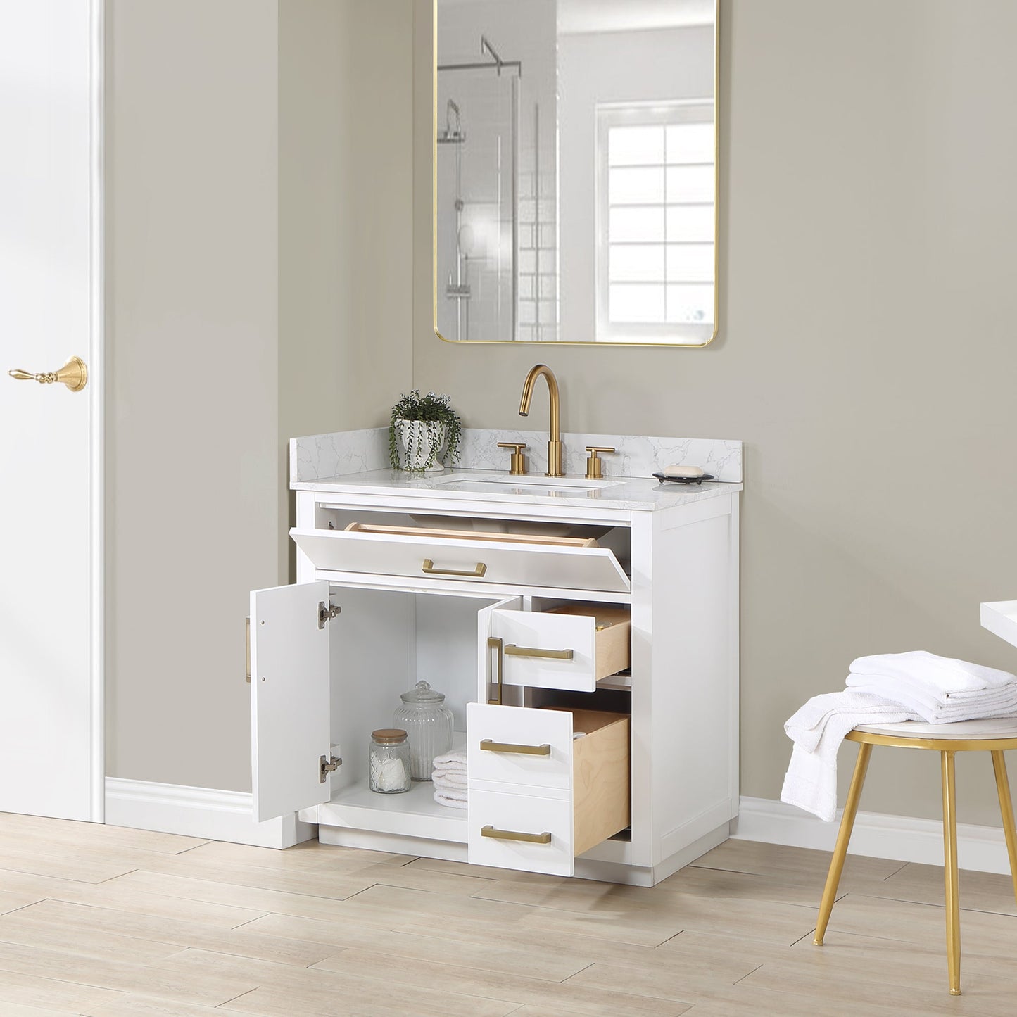 Gavino 36" Single Bathroom Vanity in White with Grain White Composite Stone Countertop without Mirror