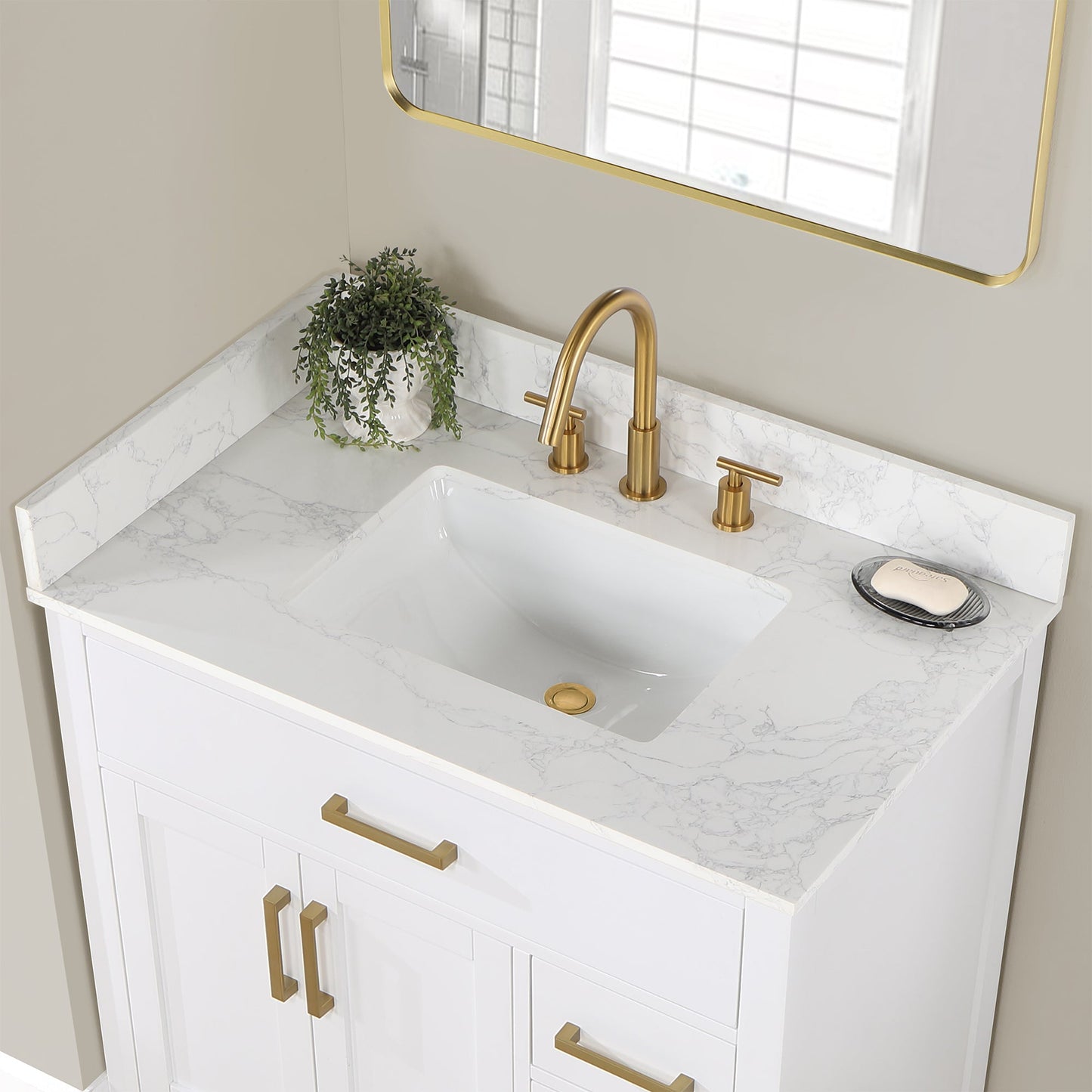 Gavino 36" Single Bathroom Vanity in White with Grain White Composite Stone Countertop without Mirror