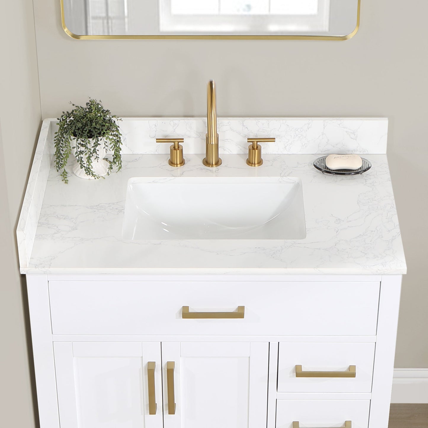 Gavino 36" Single Bathroom Vanity in White with Grain White Composite Stone Countertop without Mirror