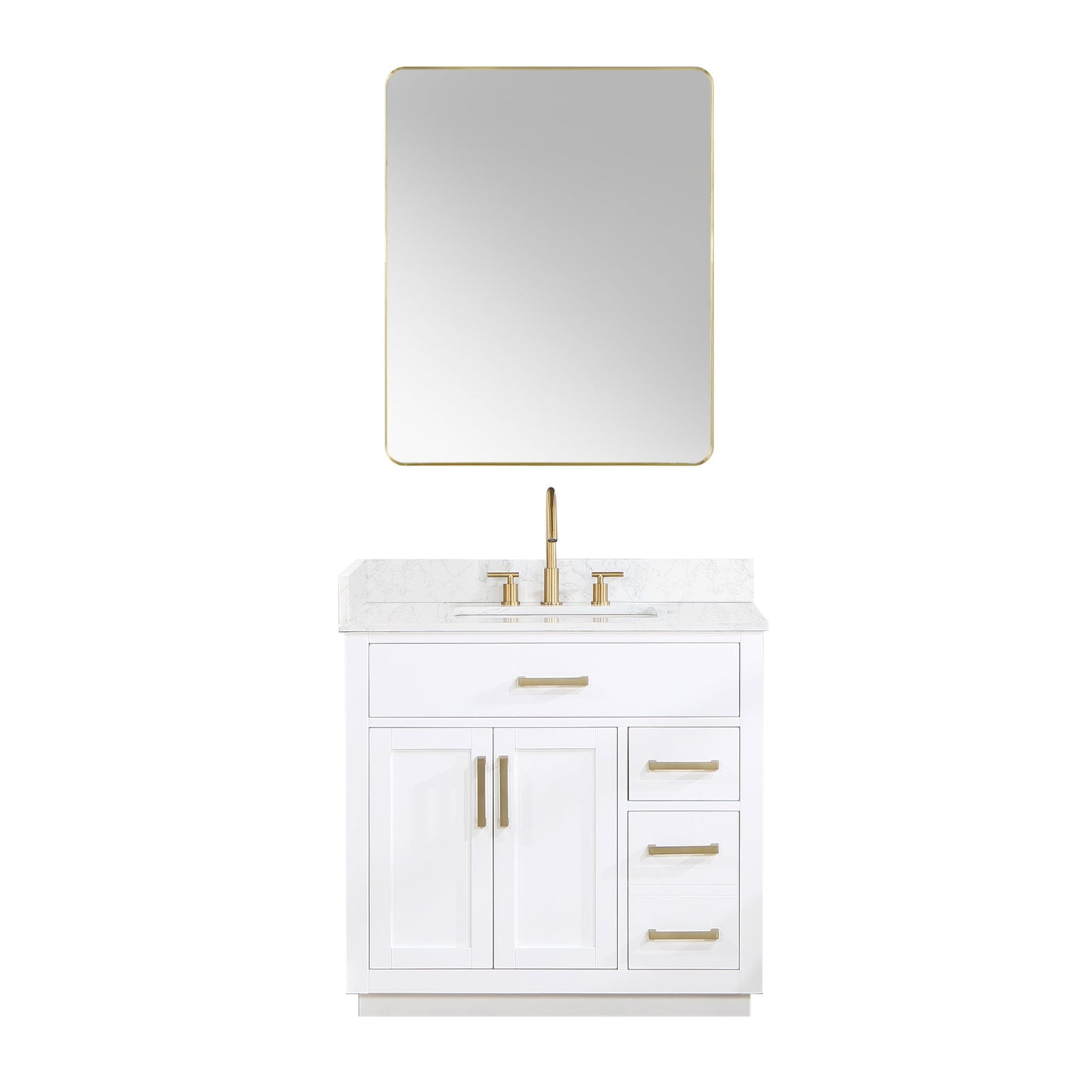 Gavino 36" Single Bathroom Vanity in White with Grain White Composite Stone Countertop with Mirror