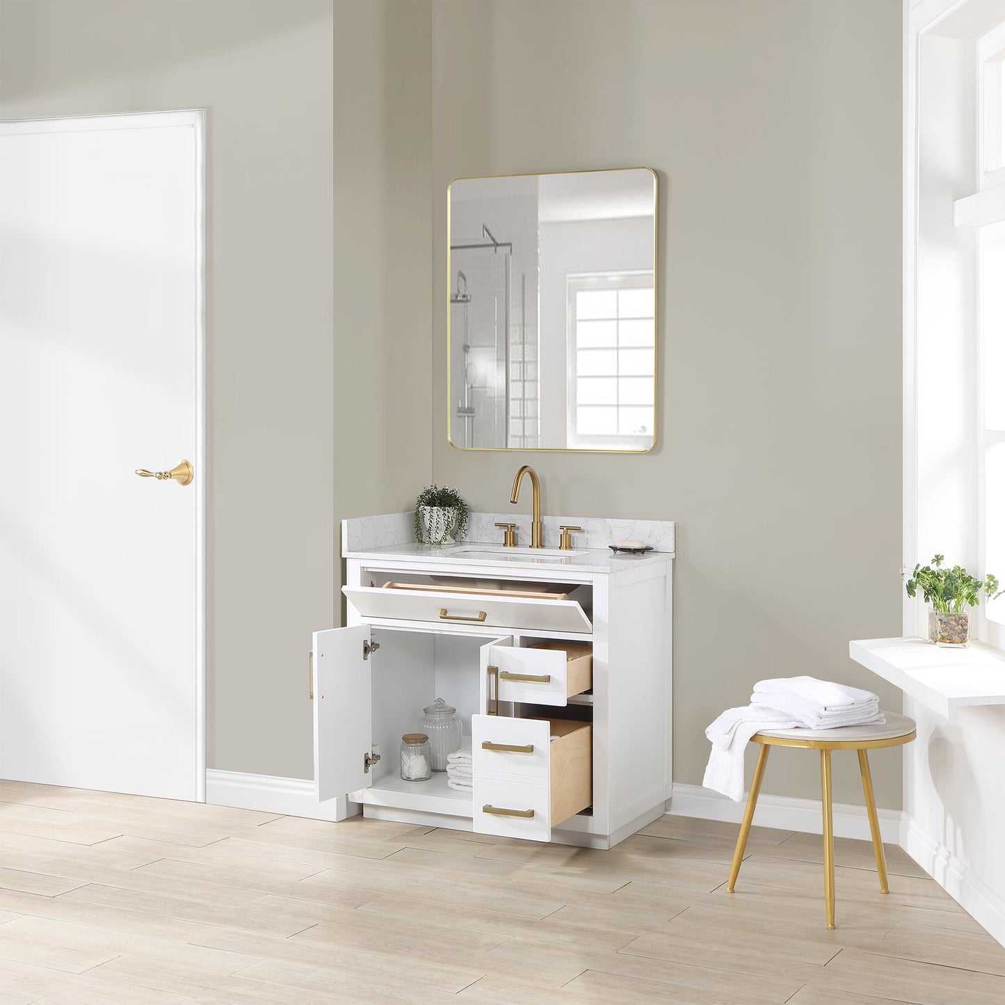 Gavino 36" Single Bathroom Vanity in White with Grain White Composite Stone Countertop with Mirror