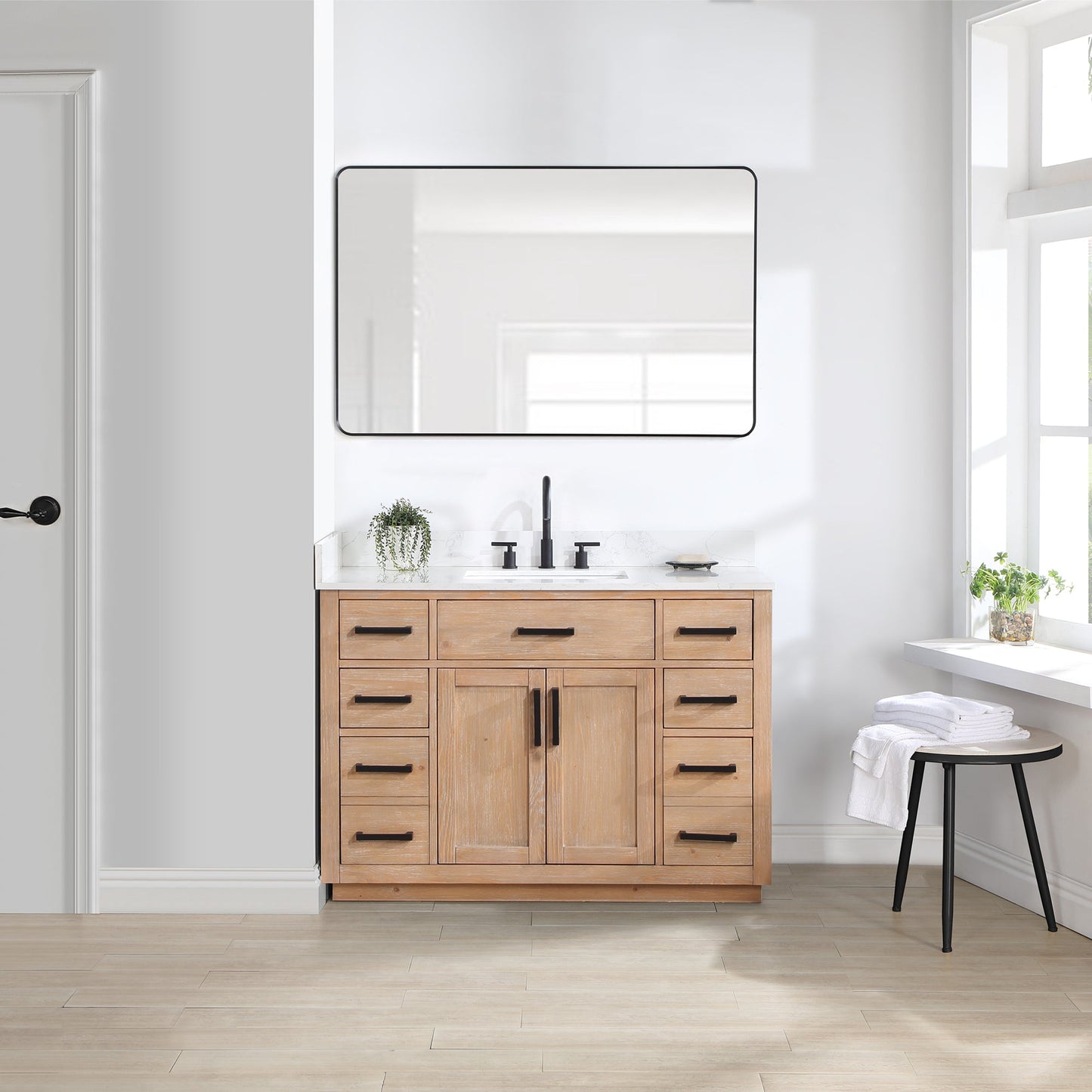 Gavino 48" Single Bathroom Vanity in Light Brown with Grain White Composite Stone Countertop with Mirror