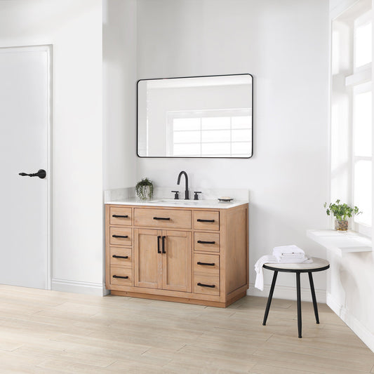 Gavino 48" Single Bathroom Vanity in Light Brown with Grain White Composite Stone Countertop with Mirror