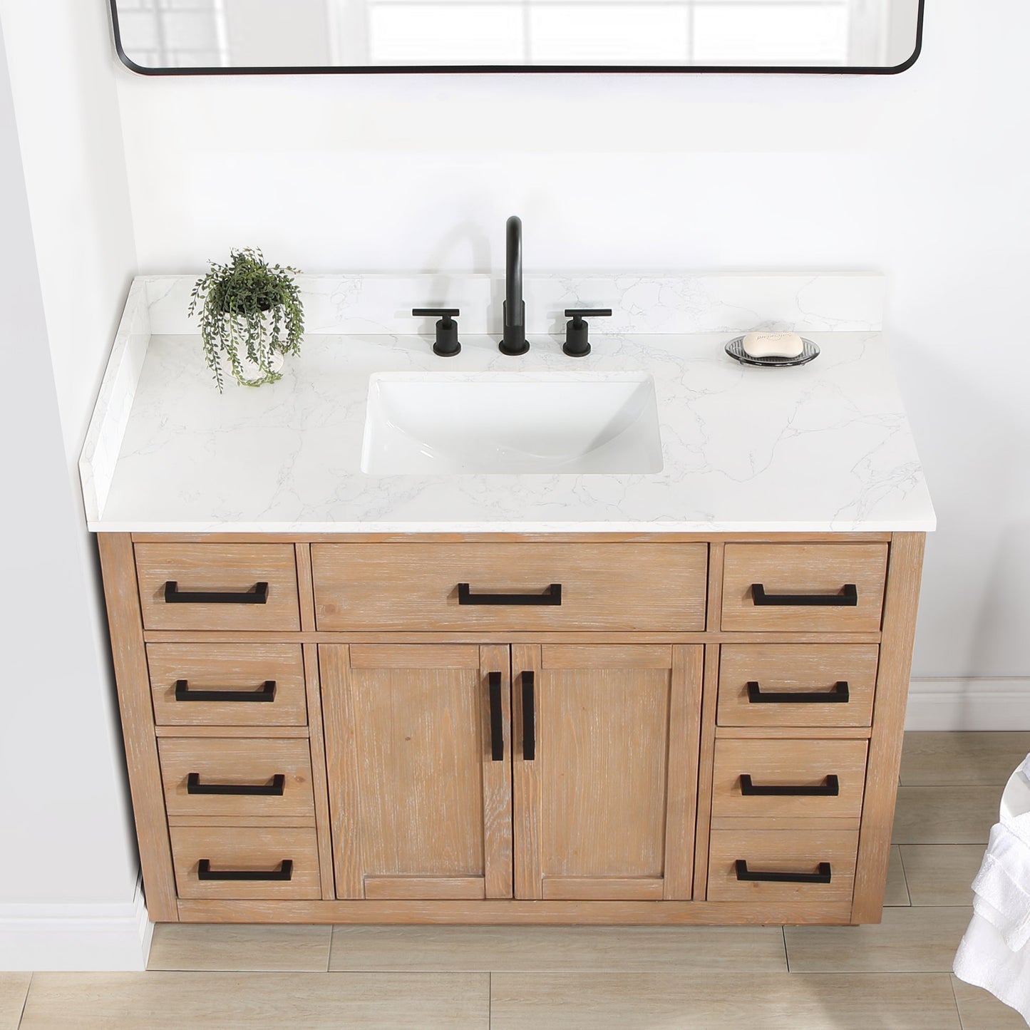 Gavino 48" Single Bathroom Vanity in Light Brown with Grain White Composite Stone Countertop with Mirror